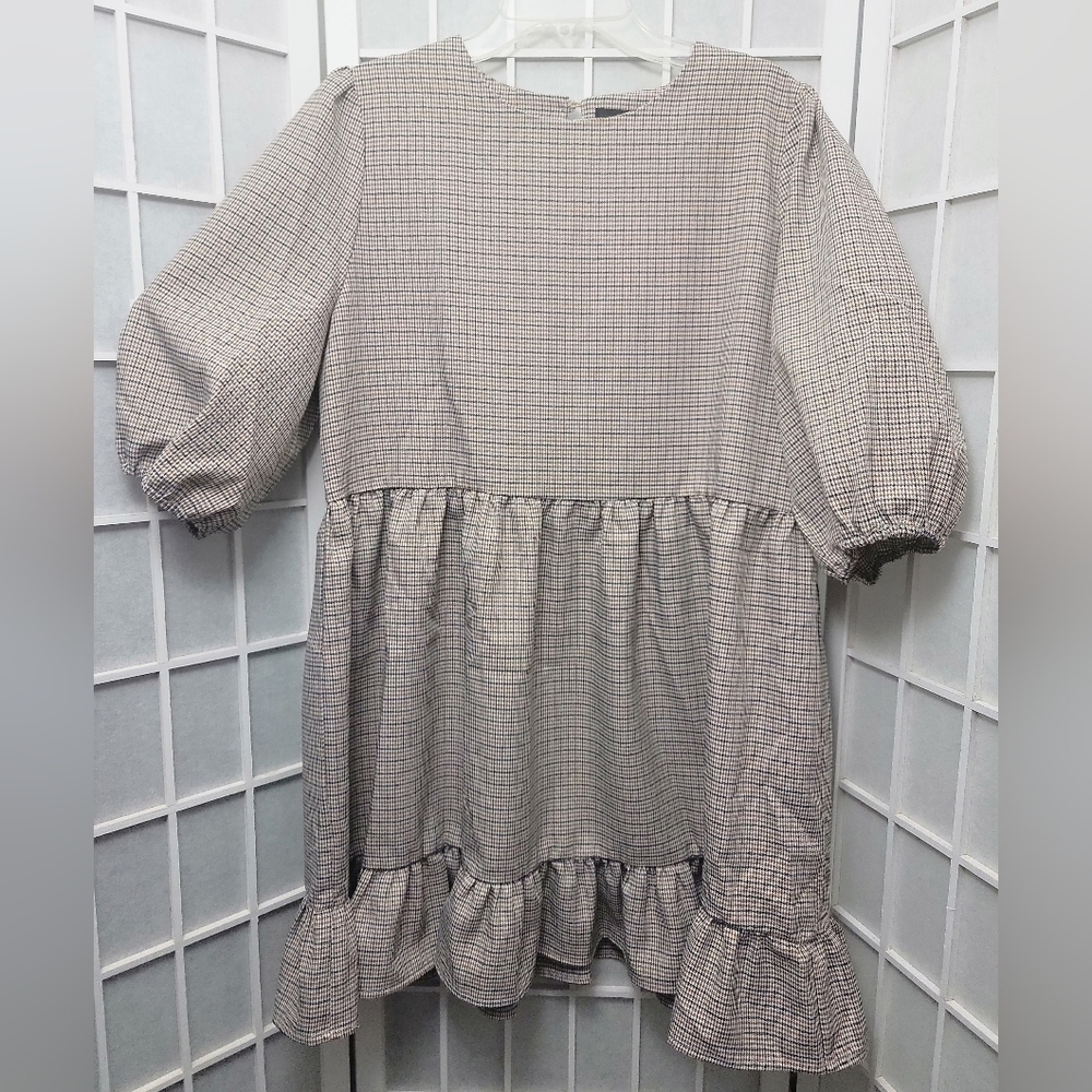 Gingham Babydoll Balloon Sleeve Plaid Mini Dress